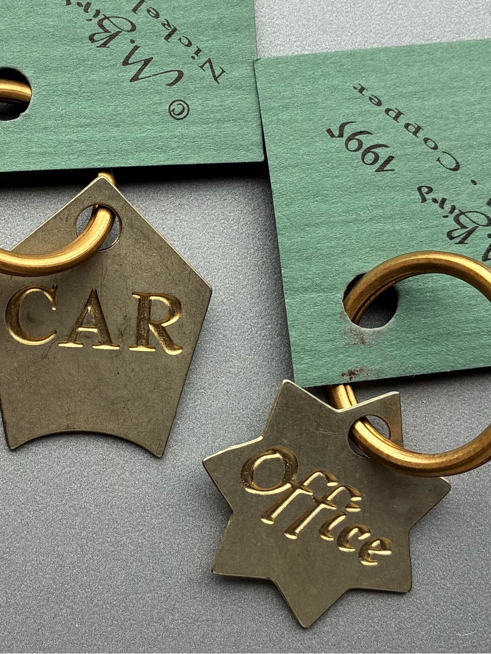2 Nickel and Copper Vintage Hand Made Keychains- "CAR" & "Office"
